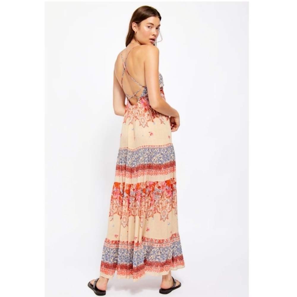 Free People Beige Floral Tiered Maxi Dress with Red and Blue Accents - Picture 4 of 13